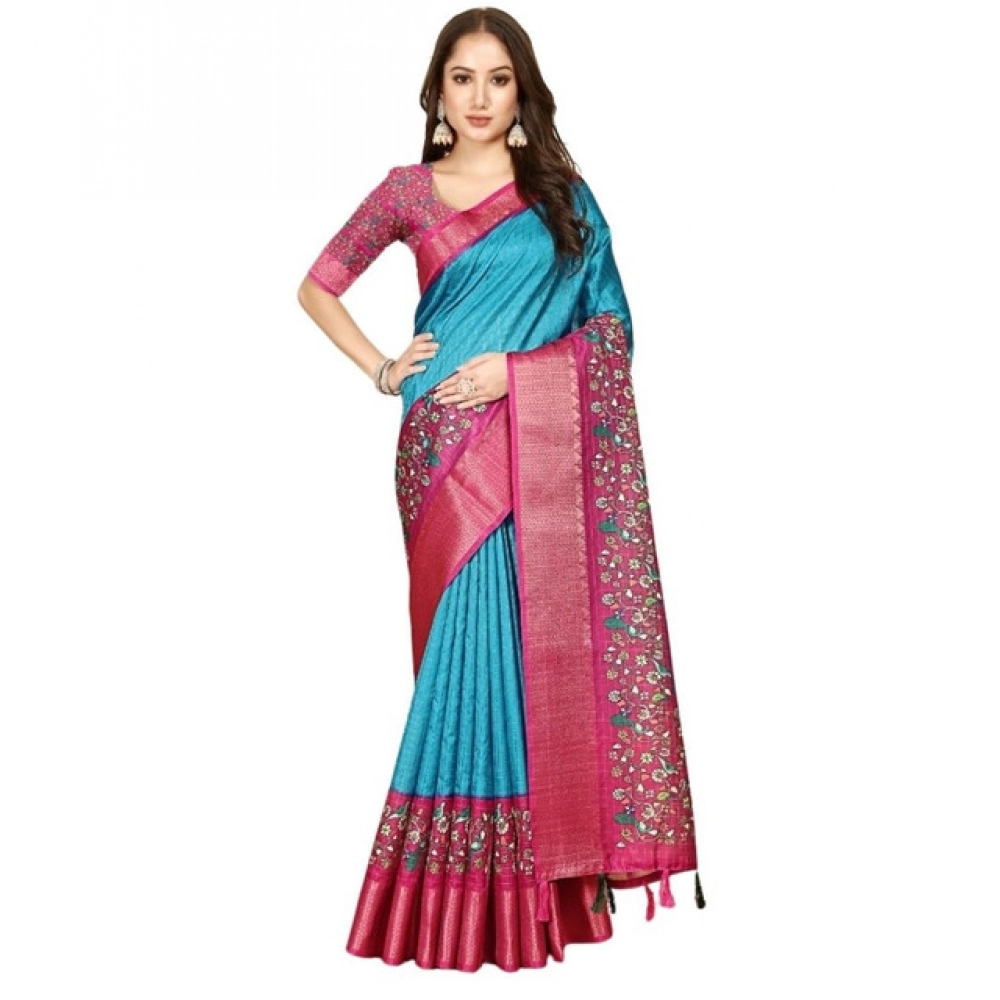 Women's Cotton Silk Printed Saree With Unstitched Blouse 5.5Mtr (Blue-Pink) - Image 6