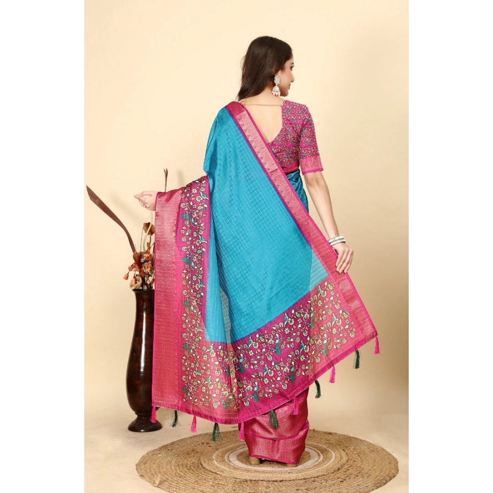Women's Cotton Silk Printed Saree With Unstitched Blouse 5.5Mtr (Blue-Pink) - Image 5