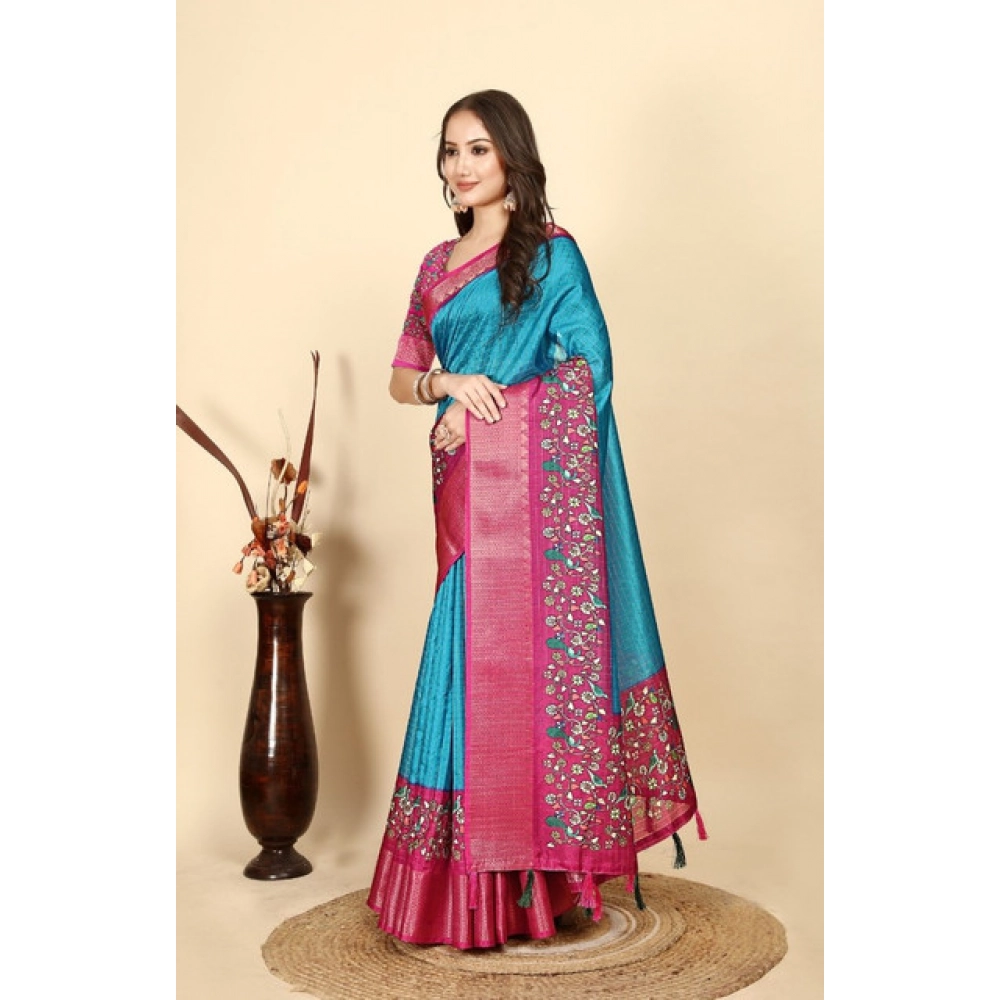 Women's Cotton Silk Printed Saree With Unstitched Blouse 5.5Mtr (Blue-Pink) - Image 4