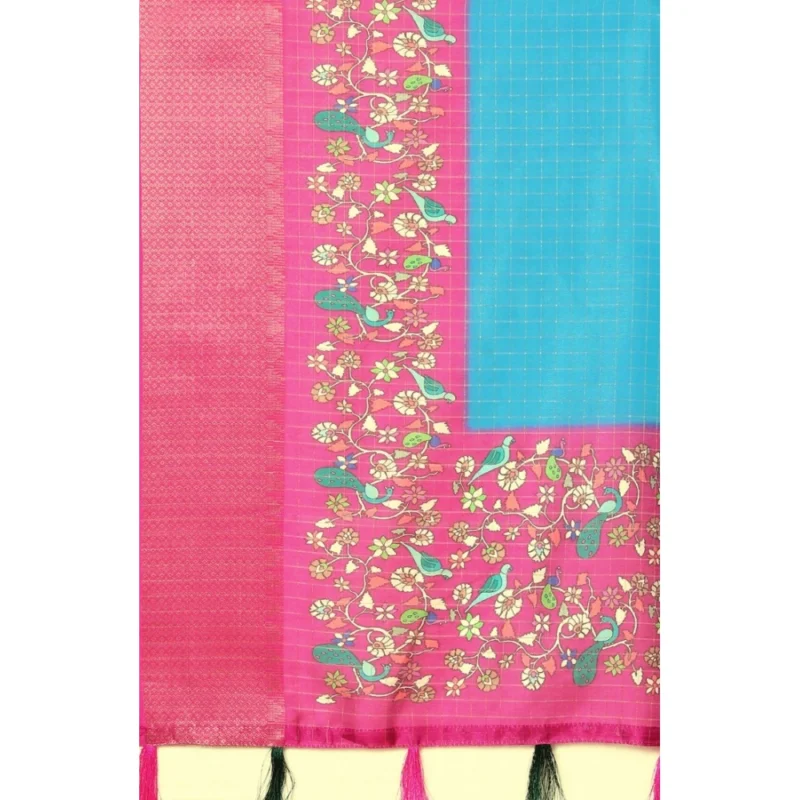 Alternative view of Women's Cotton Silk Printed Saree With Unstitched Blouse 5.5Mtr (Blue-Pink)