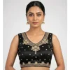 Women's Silk Embroidered V-Neck Sleeveless Readymade Padded Blouse (Black, Size 38)