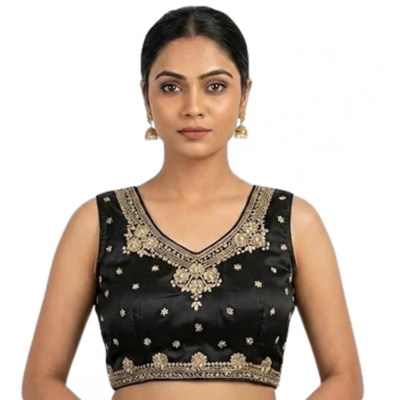 Women's Silk Embroidered V-Neck Sleeveless Readymade Padded Blouse (Black, Size 38) - Image 6