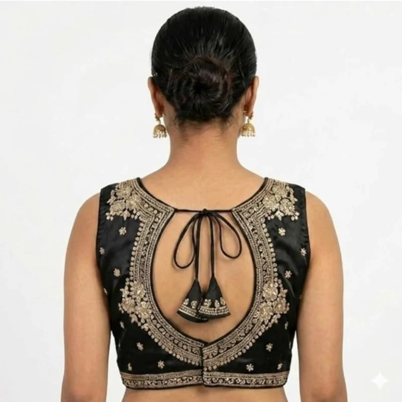 Women's Silk Embroidered V-Neck Sleeveless Readymade Padded Blouse (Black, Size 38) - Image 5
