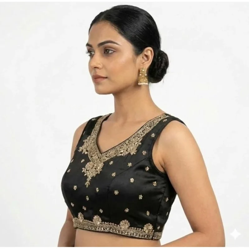 Women's Silk Embroidered V-Neck Sleeveless Readymade Padded Blouse (Black, Size 38) - Image 3