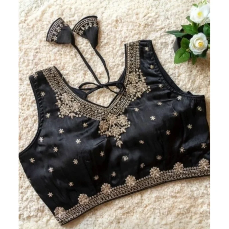 Alternative view of Women's Silk Embroidered V-Neck Sleeveless Readymade Padded Blouse (Black, Size 38)