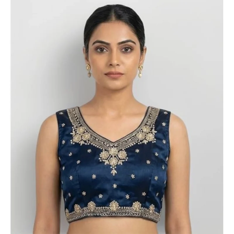 Women's Silk Embroidered V-Neck Sleeveless Readymade Padded Blouse (Blue, Size 38)
