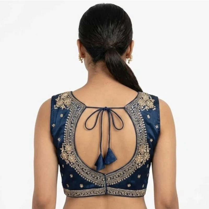 Women's Silk Embroidered V-Neck Sleeveless Readymade Padded Blouse (Blue, Size 38) - Image 5
