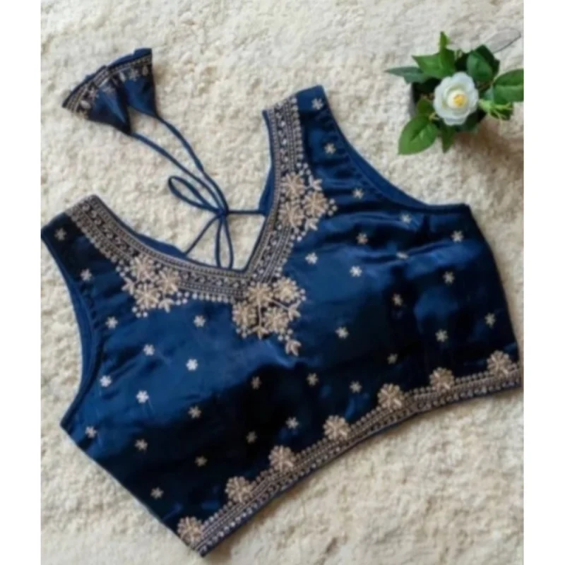 Alternative view of Women's Silk Embroidered V-Neck Sleeveless Readymade Padded Blouse (Blue, Size 38)