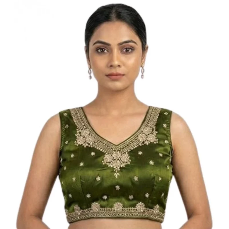 Women's Silk Embroidered V-Neck Sleeveless Readymade Padded Blouse (Mahendi, Size 38) - Image 6