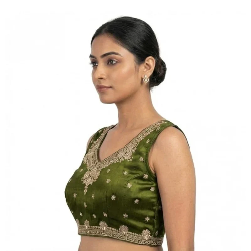 Women's Silk Embroidered V-Neck Sleeveless Readymade Padded Blouse (Mahendi, Size 38) - Image 3