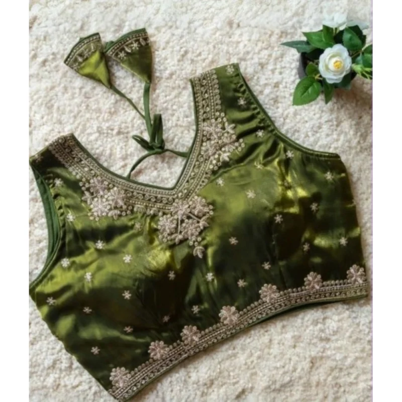 Alternative view of Women's Silk Embroidered V-Neck Sleeveless Readymade Padded Blouse (Mahendi, Size 38)