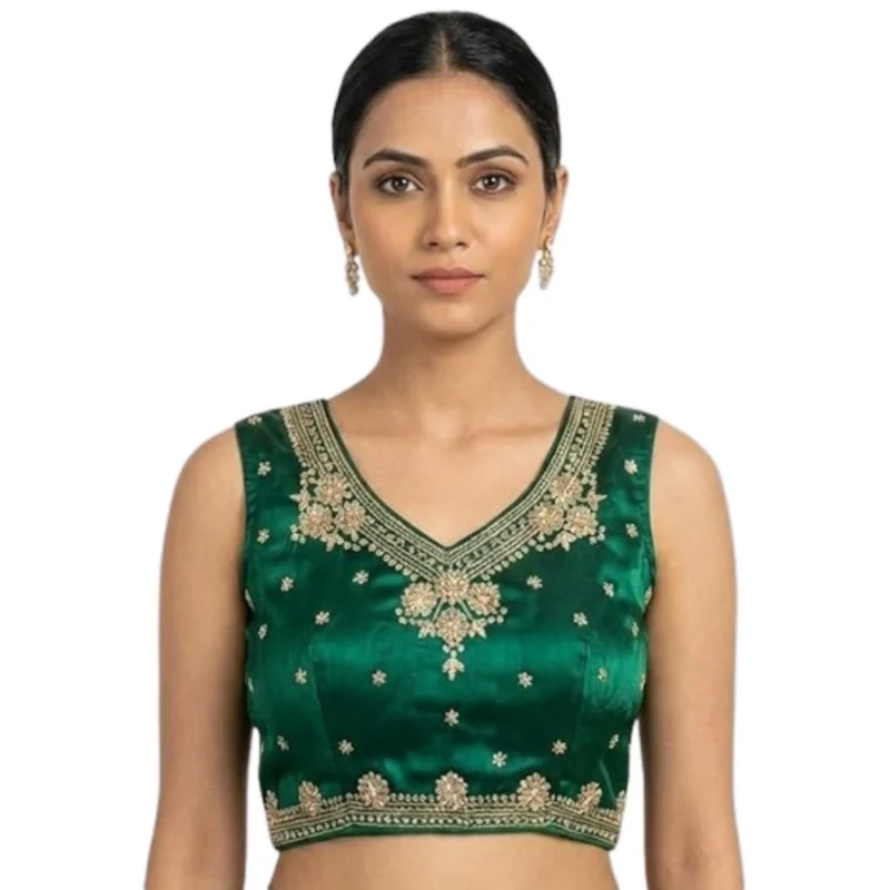Women's Silk Embroidered V-Neck Sleeveless Readymade Padded Blouse (Green, Size 38) - Image 6