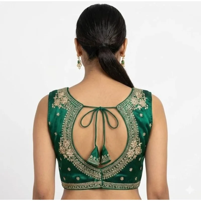 Women's Silk Embroidered V-Neck Sleeveless Readymade Padded Blouse (Green, Size 38) - Image 5