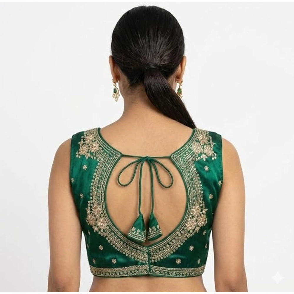Women's Silk Embroidered V-Neck Sleeveless Readymade Padded Blouse (Green, Size 38) - Image 5