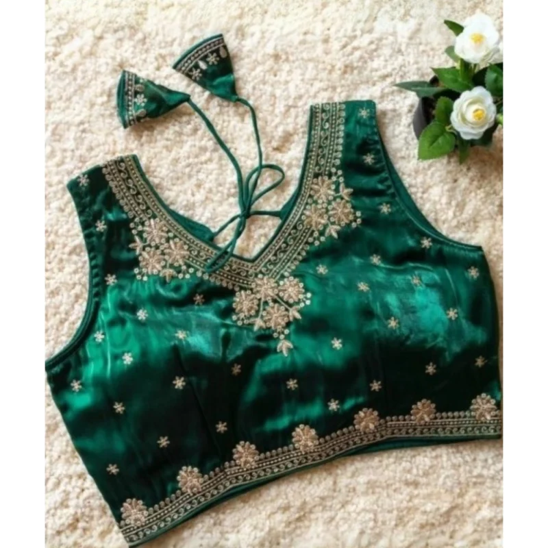 Alternative view of Women's Silk Embroidered V-Neck Sleeveless Readymade Padded Blouse (Green, Size 38)