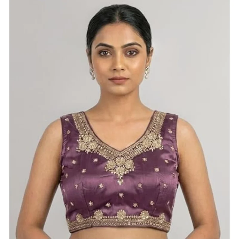 Women's Silk Embroidered V-Neck Sleeveless Readymade Padded Blouse (Purple, Size 38)