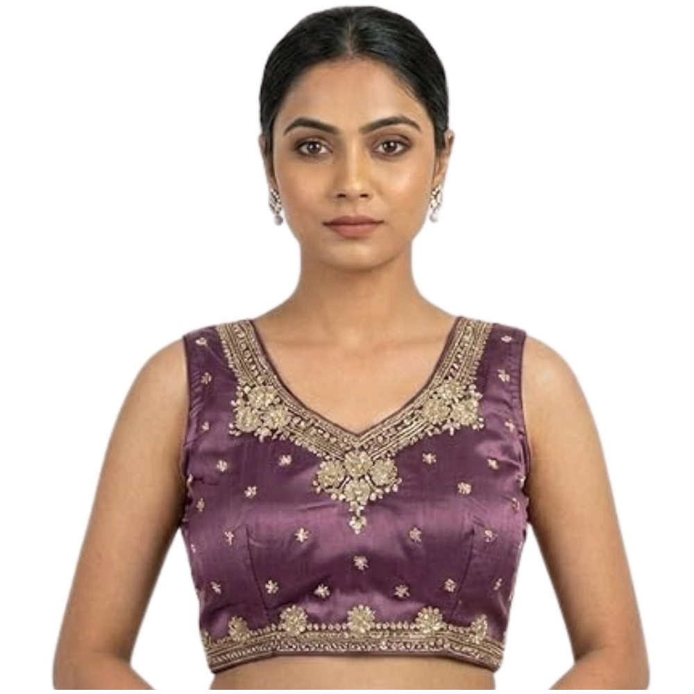 Women's Silk Embroidered V-Neck Sleeveless Readymade Padded Blouse (Purple, Size 38) - Image 6