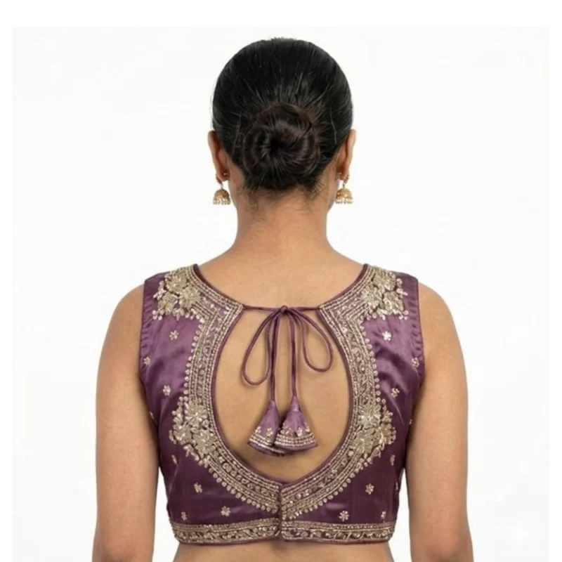 Women's Silk Embroidered V-Neck Sleeveless Readymade Padded Blouse (Purple, Size 38) - Image 5