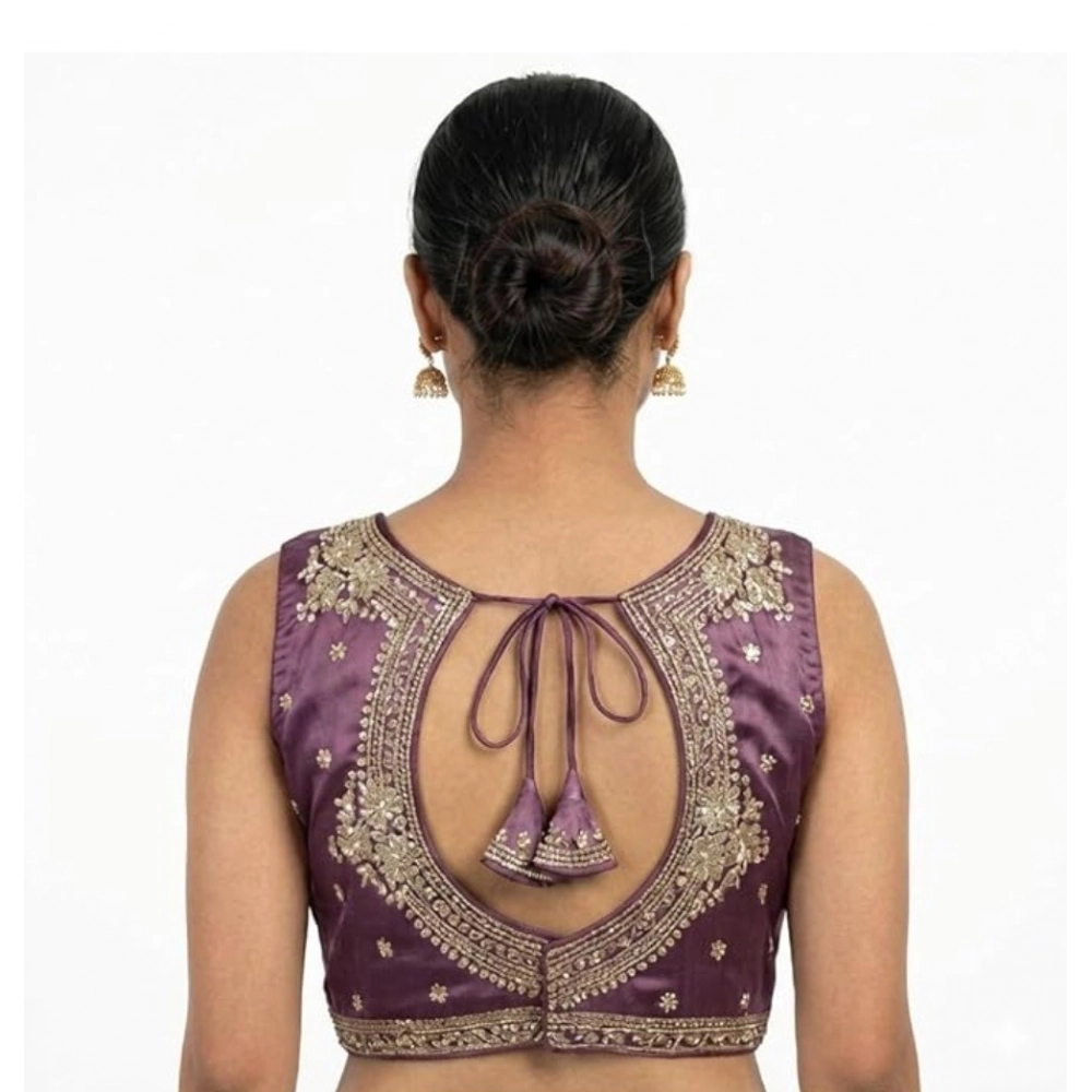 Women's Silk Embroidered V-Neck Sleeveless Readymade Padded Blouse (Purple, Size 38) - Image 5