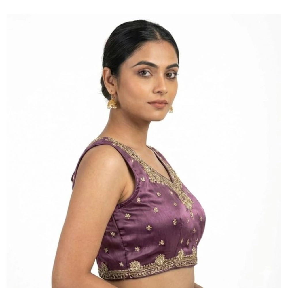 Women's Silk Embroidered V-Neck Sleeveless Readymade Padded Blouse (Purple, Size 38) - Image 4