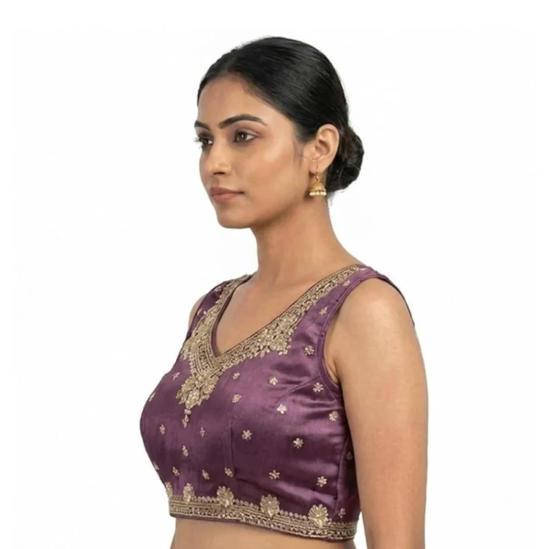 Women's Silk Embroidered V-Neck Sleeveless Readymade Padded Blouse (Purple, Size 38) - Image 3