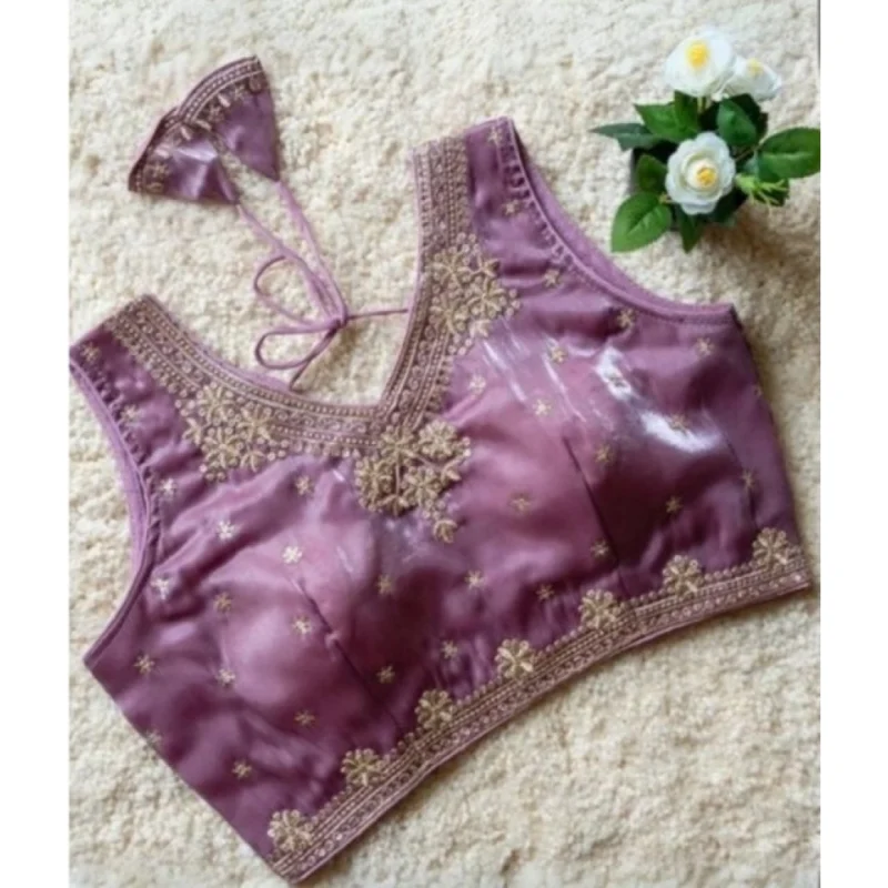 Alternative view of Women's Silk Embroidered V-Neck Sleeveless Readymade Padded Blouse (Purple, Size 38)