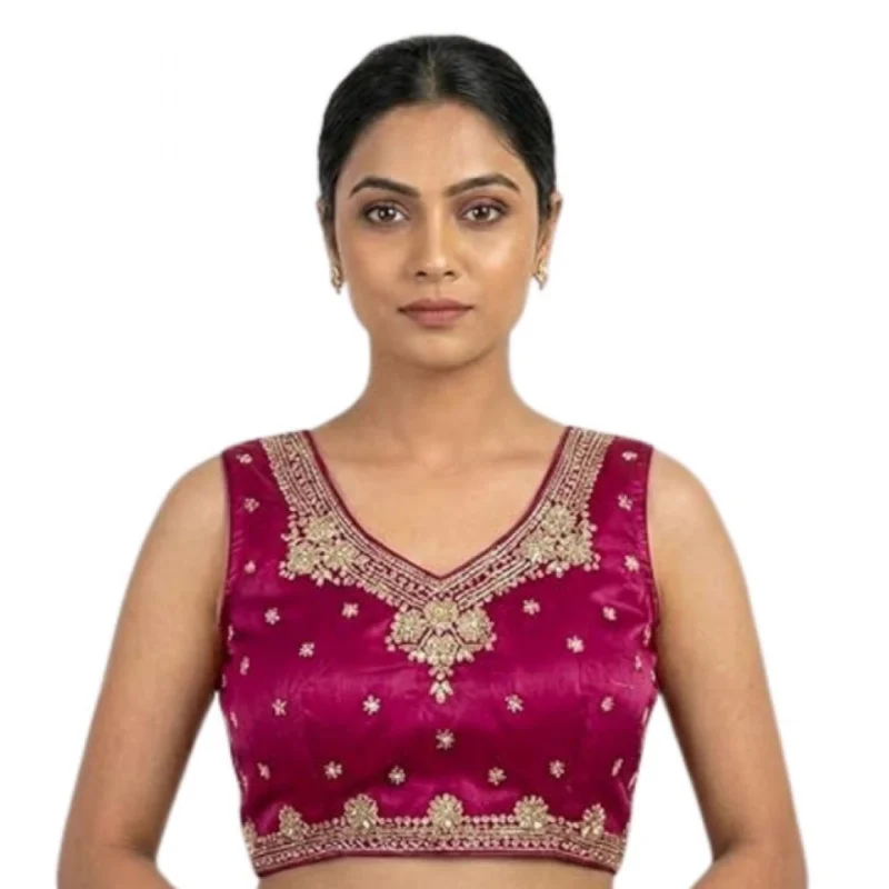 Women's Silk Embroidered V-Neck Sleeveless Readymade Padded Blouse (Pink, Size 38) - Image 6