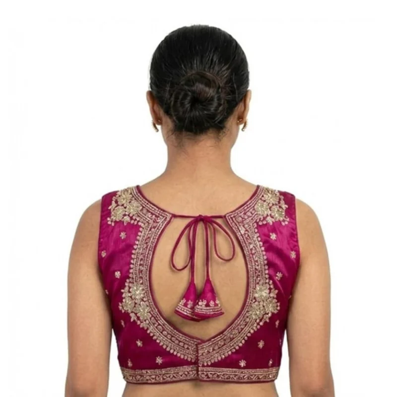 Women's Silk Embroidered V-Neck Sleeveless Readymade Padded Blouse (Pink, Size 38) - Image 5