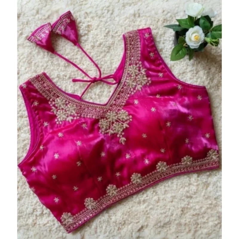 Alternative view of Women's Silk Embroidered V-Neck Sleeveless Readymade Padded Blouse (Pink, Size 38)