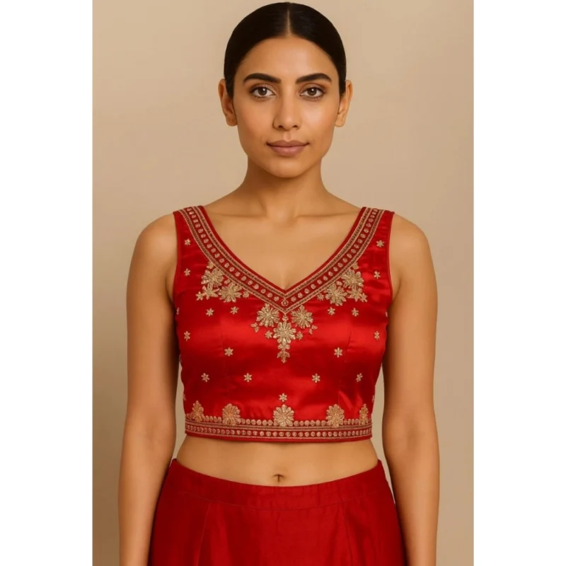 Women's Silk Embroidered V-Neck Sleeveless Readymade Padded Blouse (Red, Size 38)