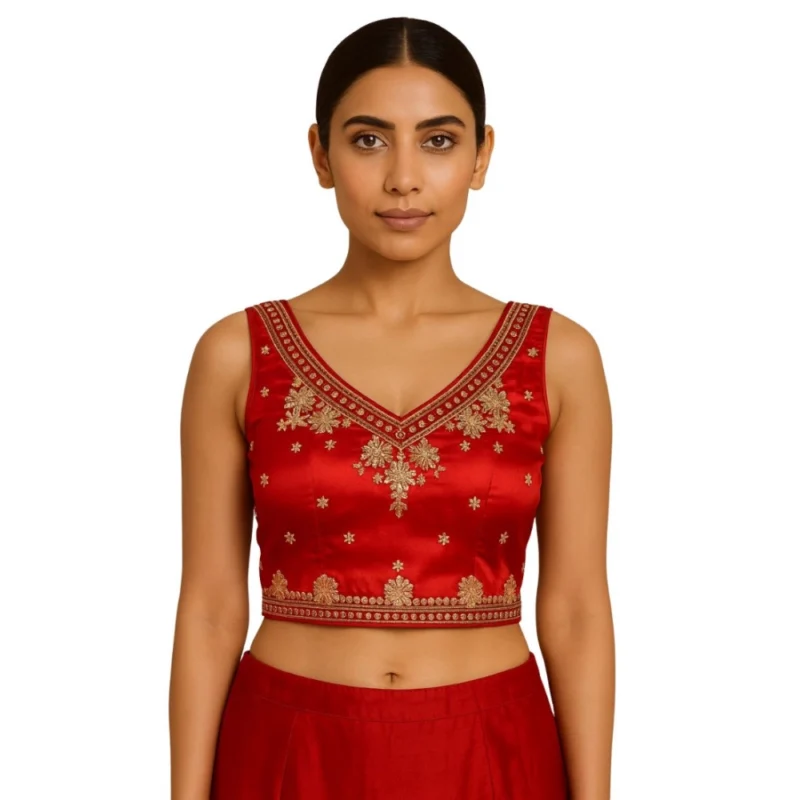 Women's Silk Embroidered V-Neck Sleeveless Readymade Padded Blouse (Red, Size 38) - Image 3