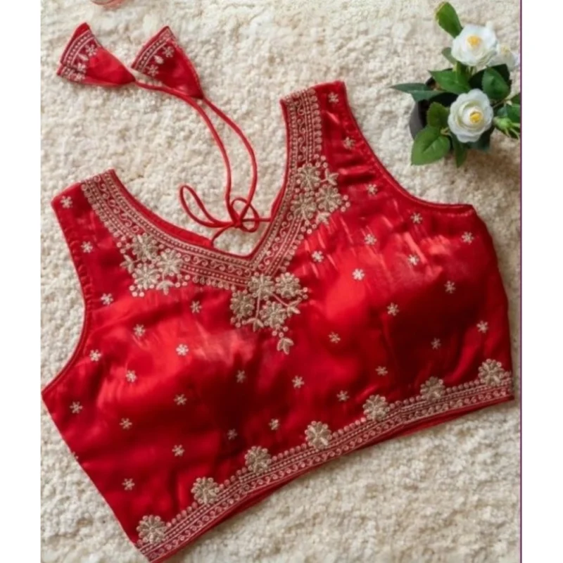 Alternative view of Women's Silk Embroidered V-Neck Sleeveless Readymade Padded Blouse (Red, Size 38)