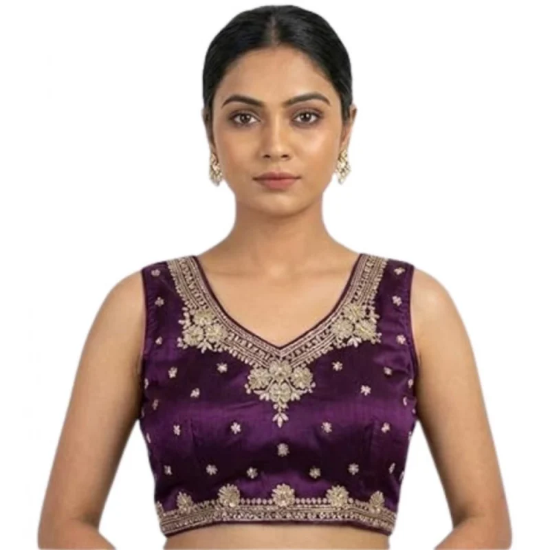 Women's Silk Embroidered V-Neck Sleeveless Readymade Padded Blouse (Wine, Size 38) - Image 6