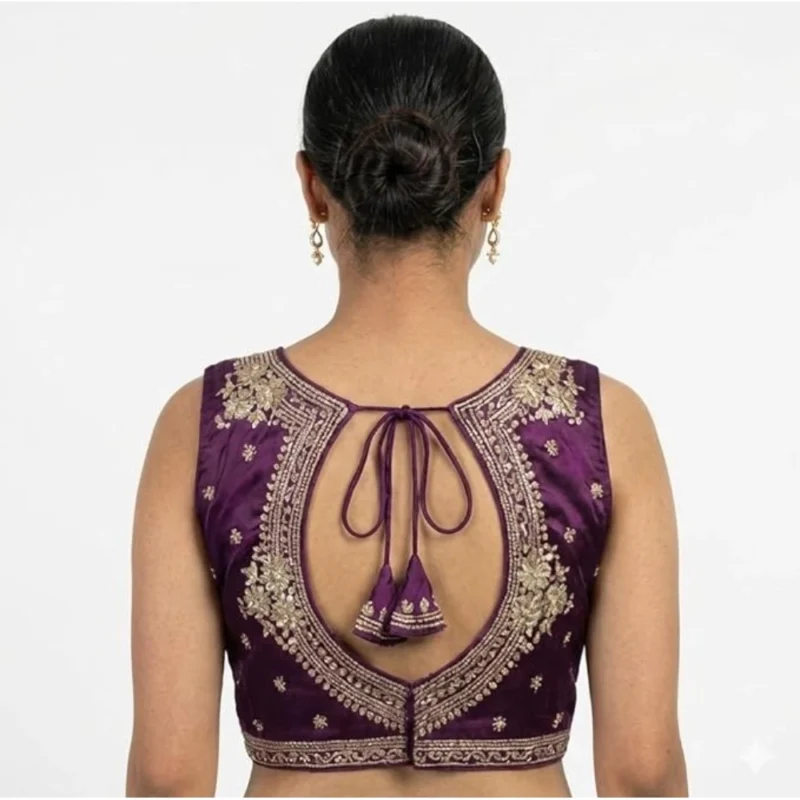 Women's Silk Embroidered V-Neck Sleeveless Readymade Padded Blouse (Wine, Size 38) - Image 5