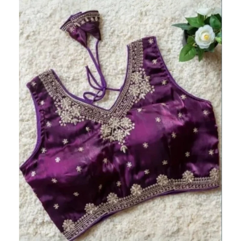 Alternative view of Women's Silk Embroidered V-Neck Sleeveless Readymade Padded Blouse (Wine, Size 38)
