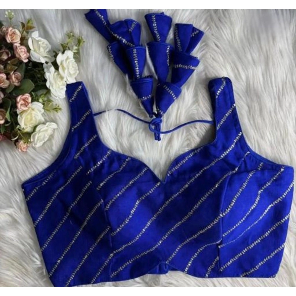 Women's Silk Embellished Sweetheart Neck Sleeveless Readymade Padded Blouse (Blue, Size 38) - Image 2