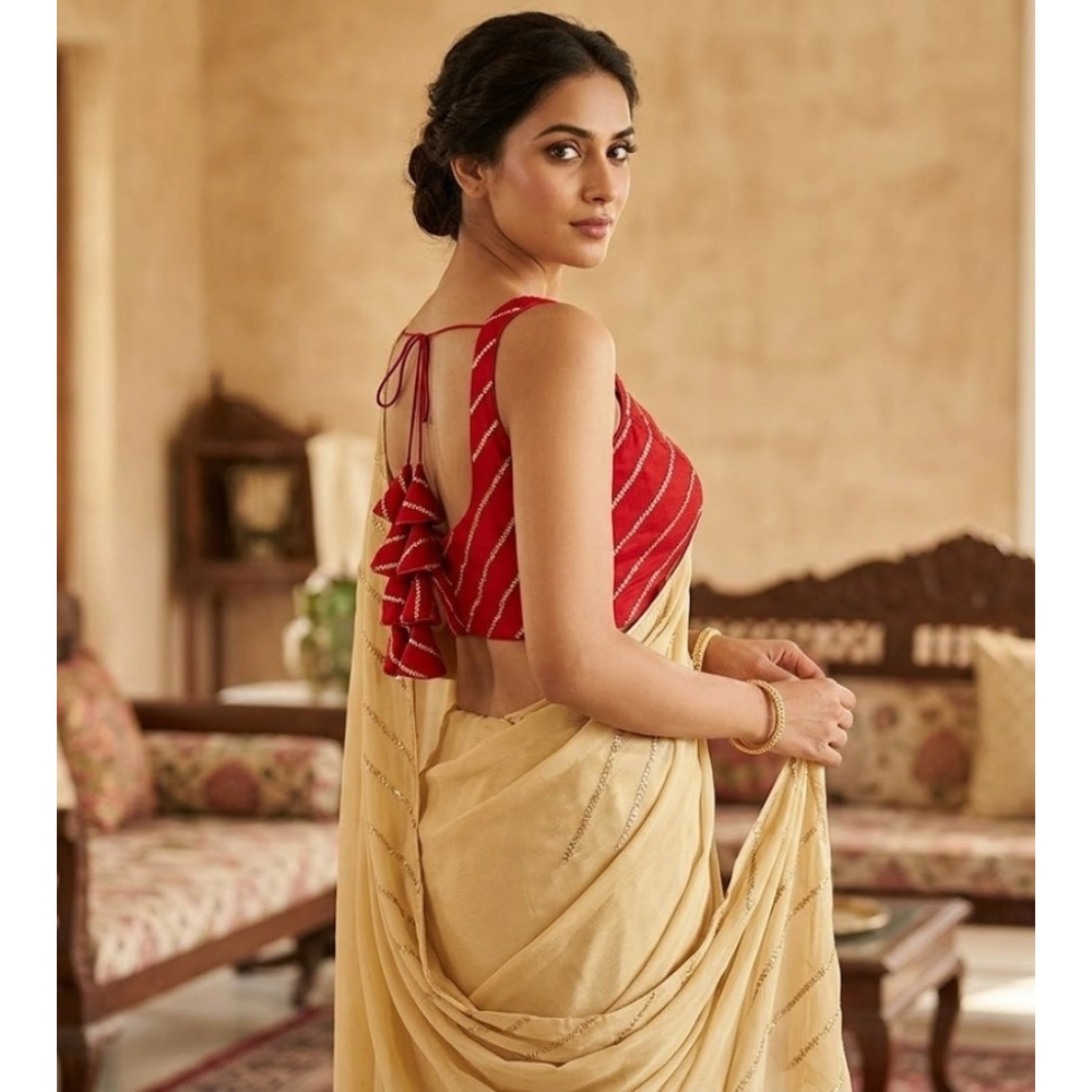 Women's Silk Embellished Sweetheart Neck Sleeveless Readymade Padded Blouse (Red, Size 38)