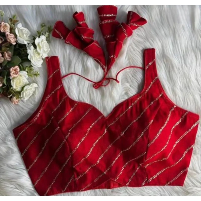 Alternative view of Women's Silk Embellished Sweetheart Neck Sleeveless Readymade Padded Blouse (Red, Size 38)