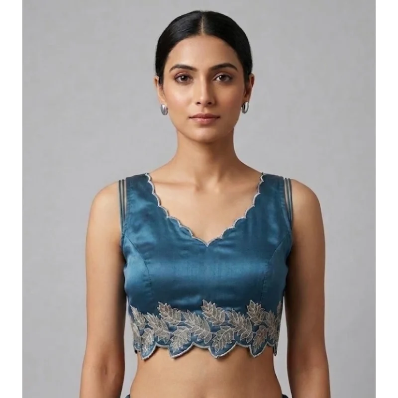 Women's Silk Embroidered Sweetheart Neck Sleeveless Readymade Padded Blouse (Blue, Size 38)
