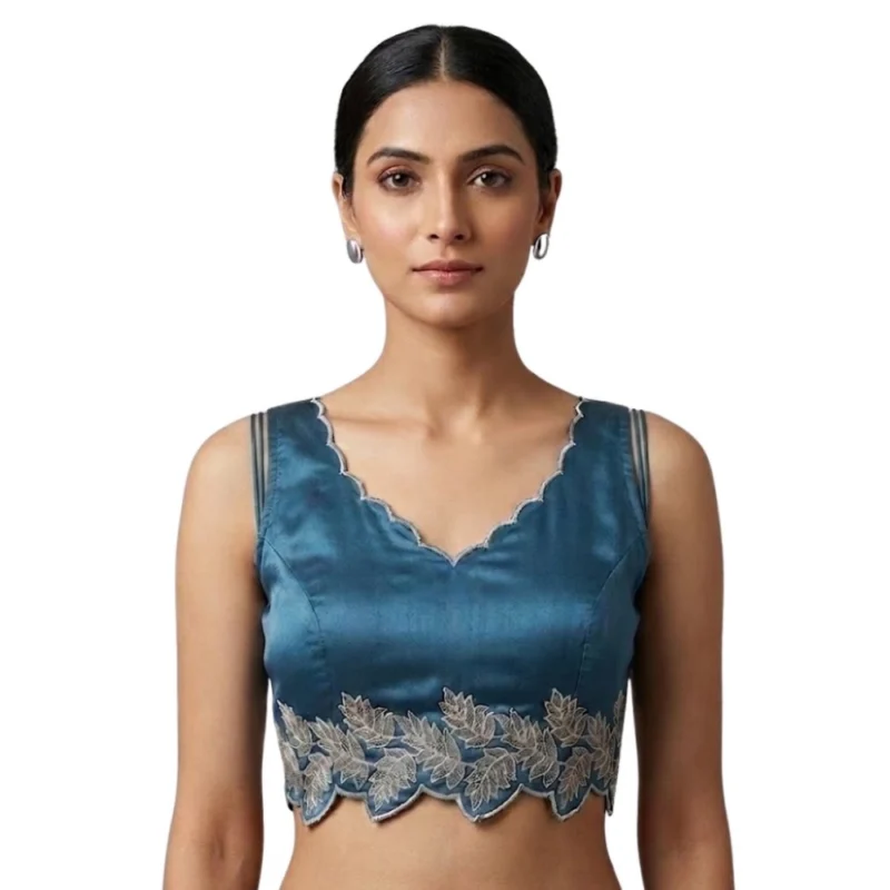 Women's Silk Embroidered Sweetheart Neck Sleeveless Readymade Padded Blouse (Blue, Size 38) - Image 3