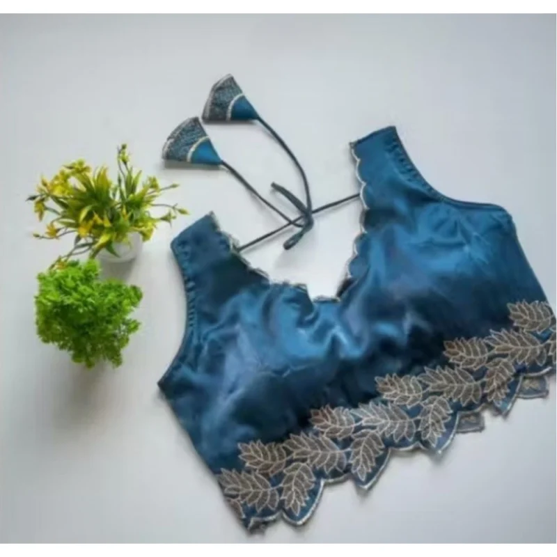 Alternative view of Women's Silk Embroidered Sweetheart Neck Sleeveless Readymade Padded Blouse (Blue, Size 38)