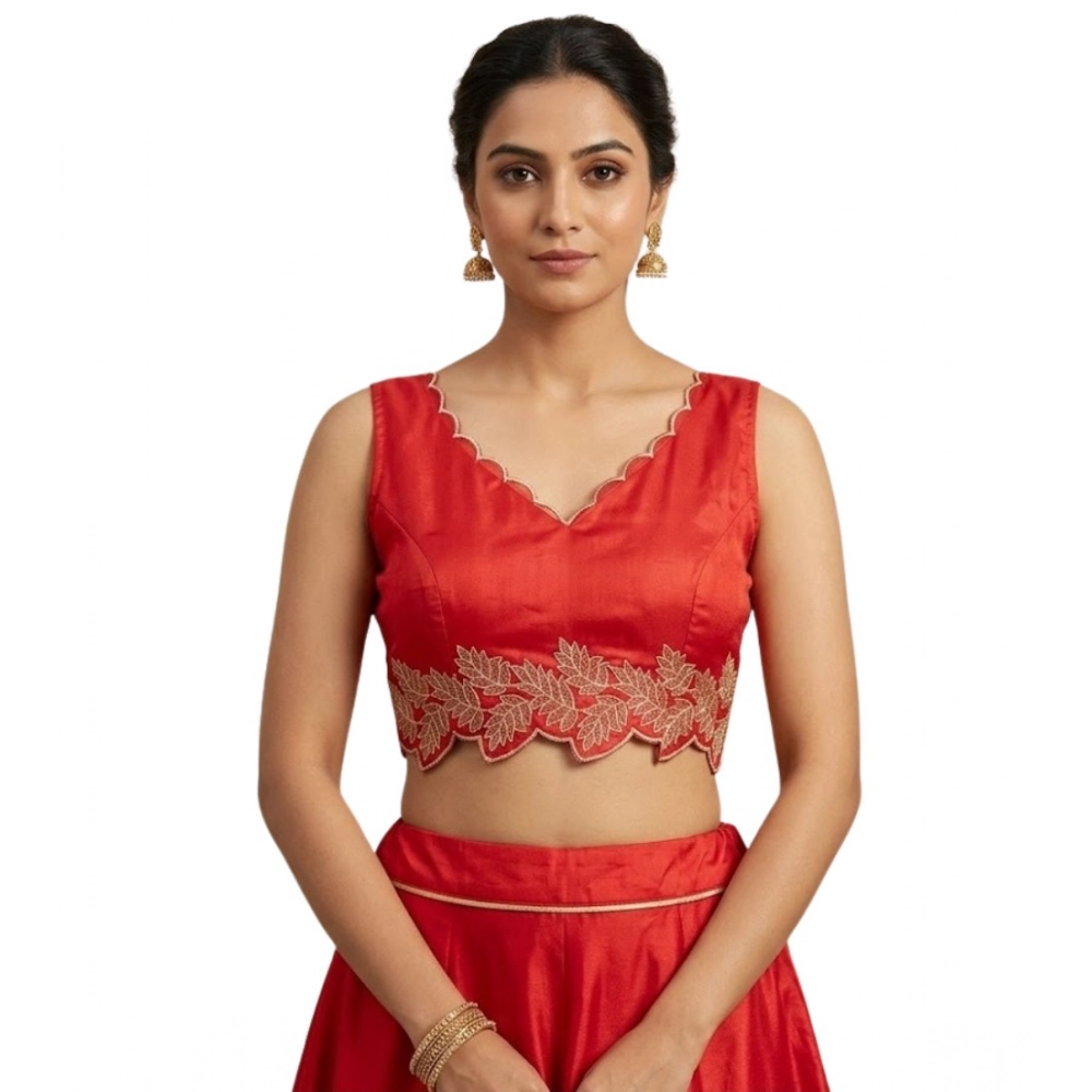 Women's Silk Embroidered Sweetheart Neck Sleeveless Readymade Padded Blouse (Red, Size 38) - Image 3