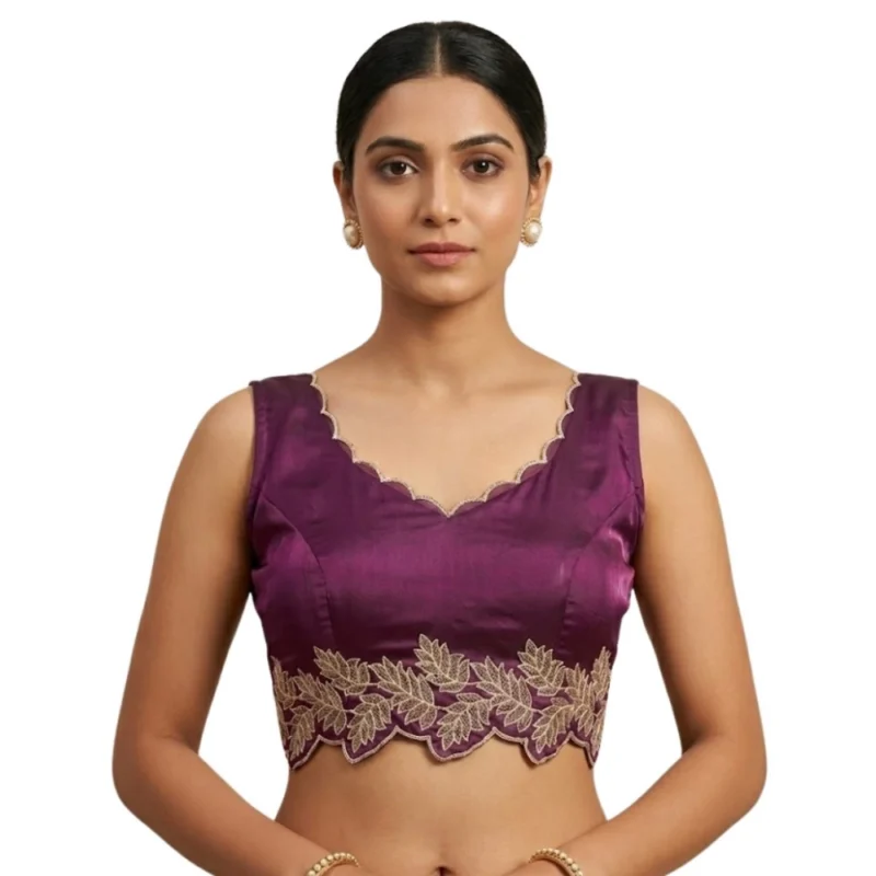 Women's Silk Embroidered Sweetheart Neck Sleeveless Readymade Padded Blouse (Wine, Size 38) - Image 3