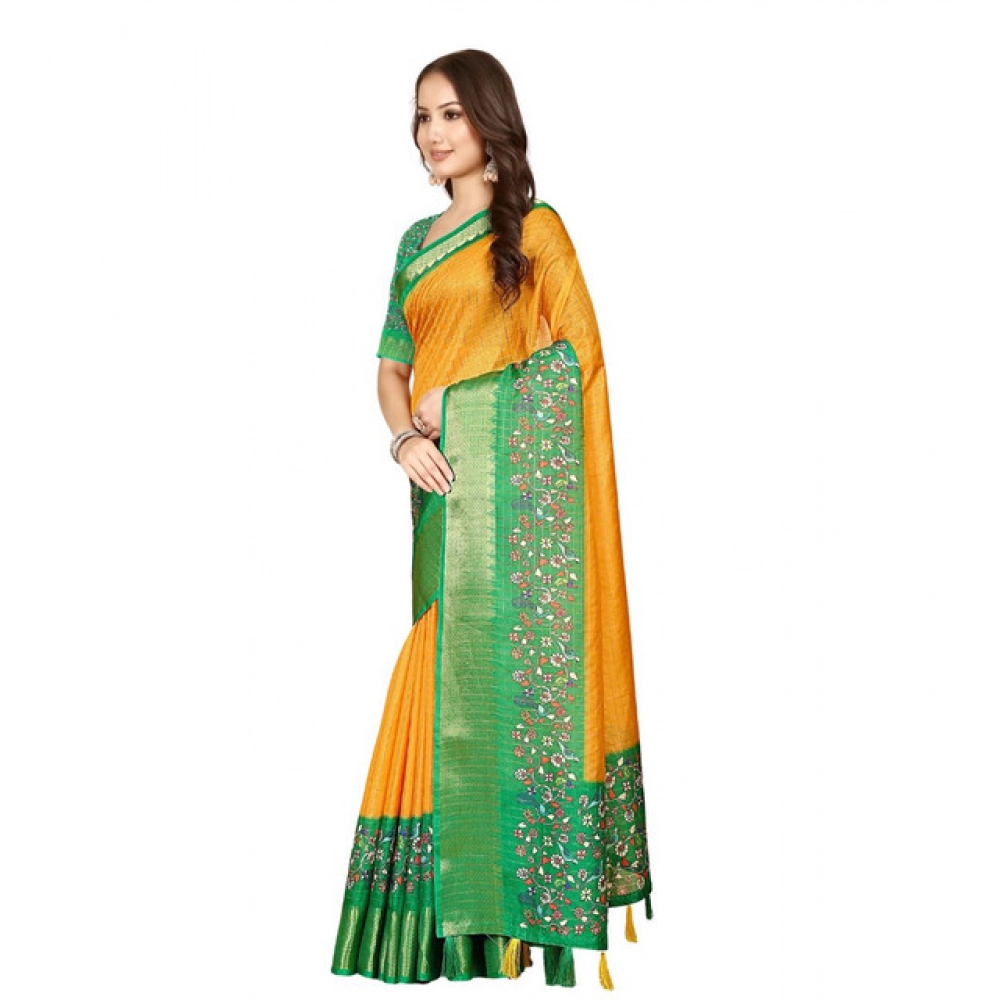 Women's Cotton Silk Printed Saree With Unstitched Blouse 5.5Mtr (Yellow Green) - Image 6