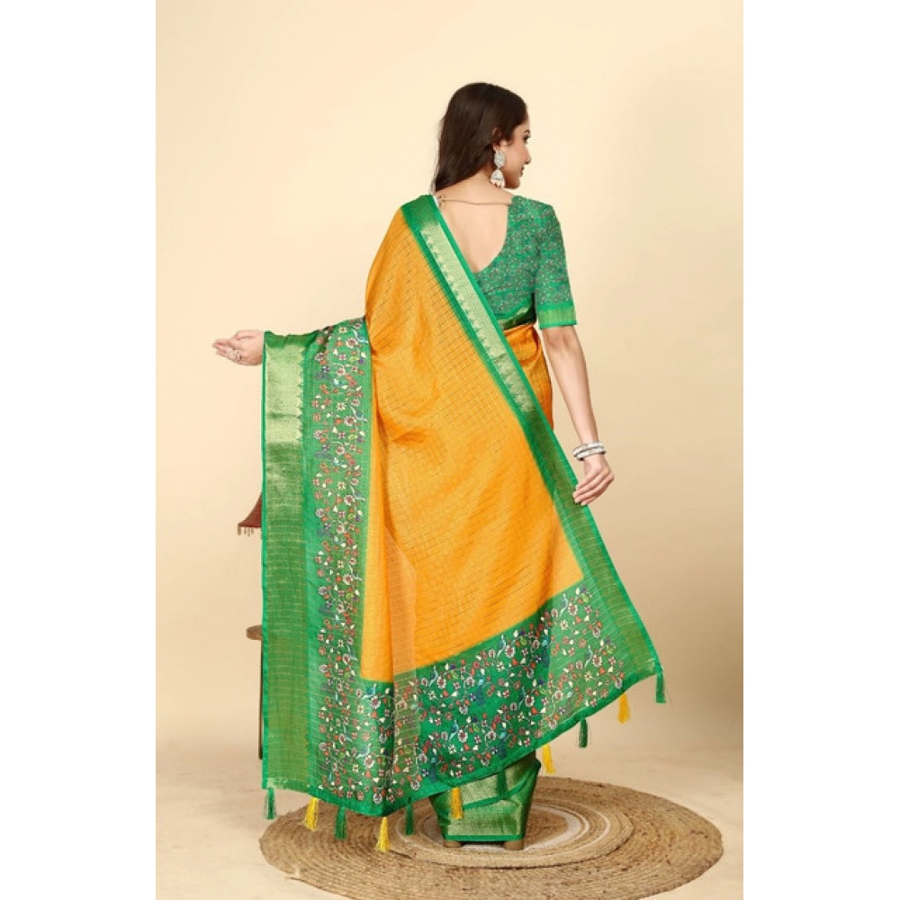Women's Cotton Silk Printed Saree With Unstitched Blouse 5.5Mtr (Yellow Green) - Image 5