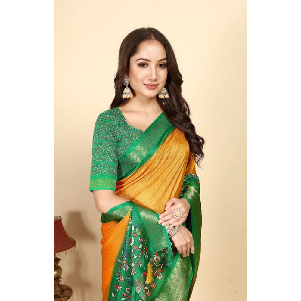Women's Cotton Silk Printed Saree With Unstitched Blouse 5.5Mtr (Yellow Green) - Image 4