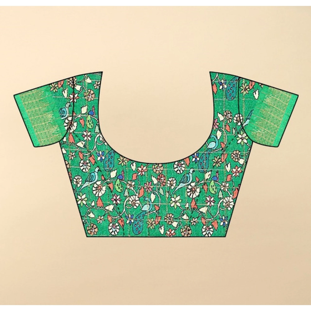 Women's Cotton Silk Printed Saree With Unstitched Blouse 5.5Mtr (Yellow Green) - Image 3
