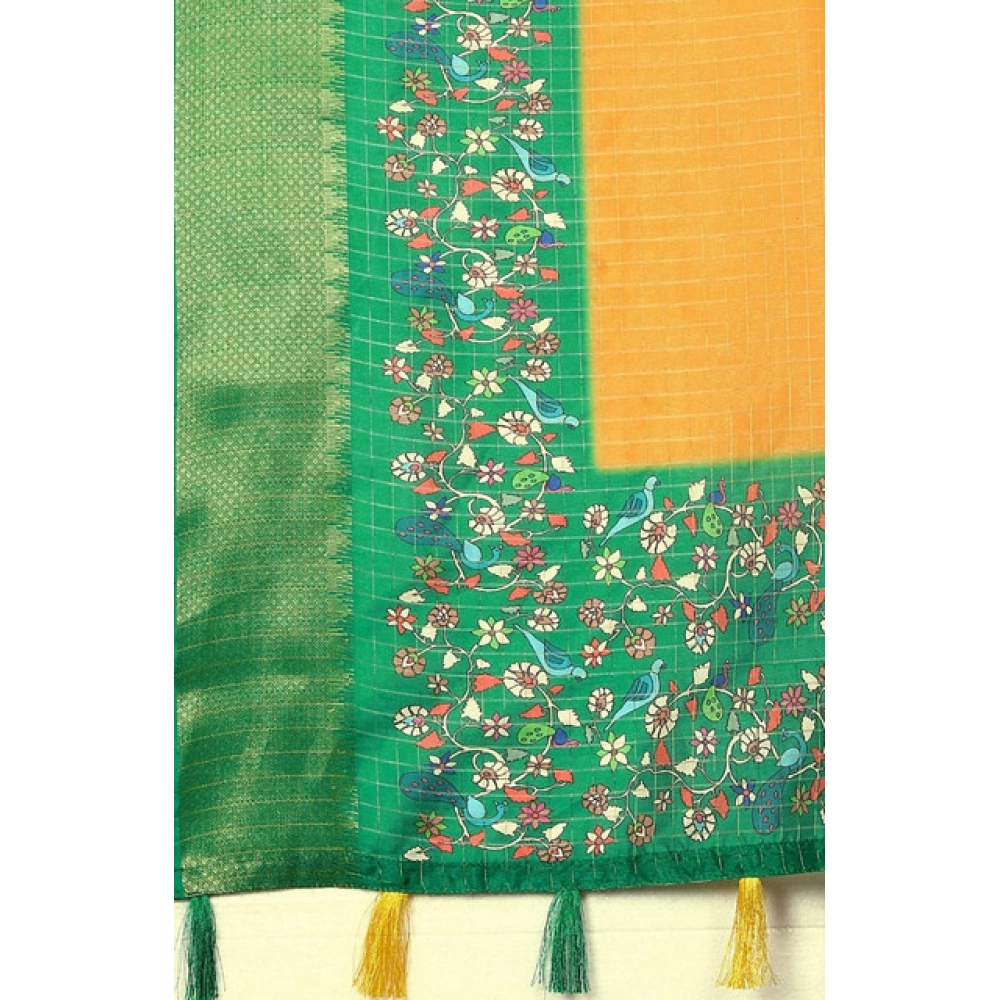 Women's Cotton Silk Printed Saree With Unstitched Blouse 5.5Mtr (Yellow Green) - Image 2