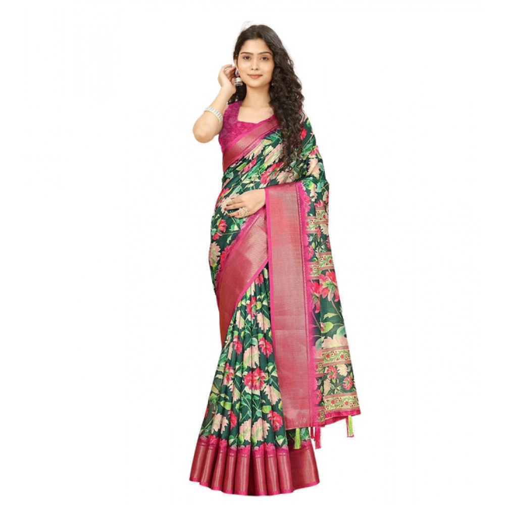 Women's Cotton Silk Floral Printed Saree With Unstitched Blouse 5.5Mtr (Green) - Image 7