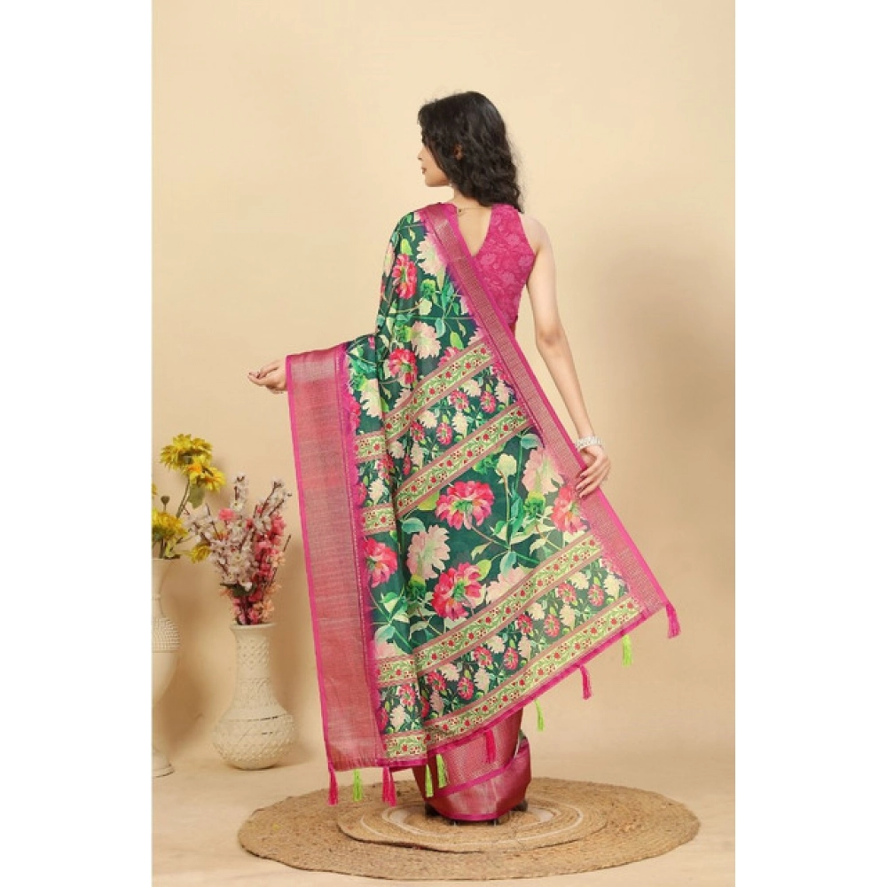 Women's Cotton Silk Floral Printed Saree With Unstitched Blouse 5.5Mtr (Green) - Image 6